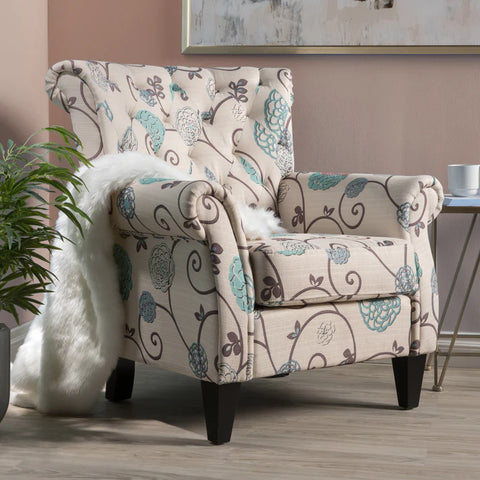 Beige & Blue Floral Tufted Armchair