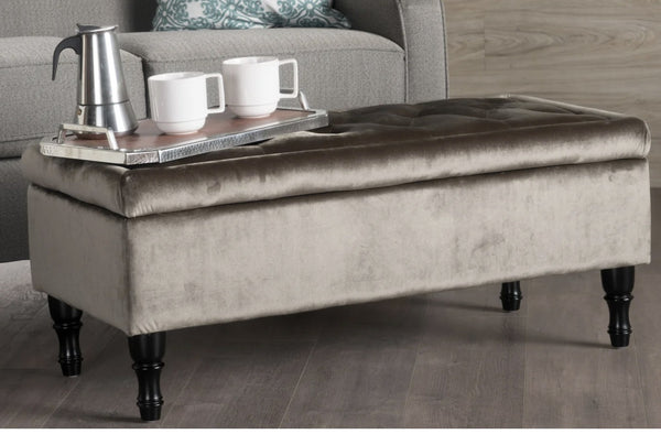 Buttoned Top Lift Up Ottoman Storage Footstool - Grey Velvet