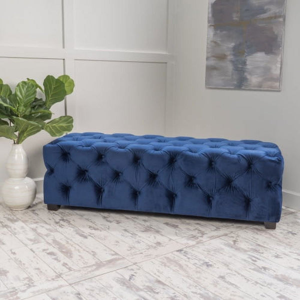 Rectangular Buttoned Footstool - Blue