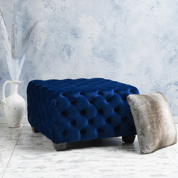 Square Velvet Buttoned Footstool - Blue