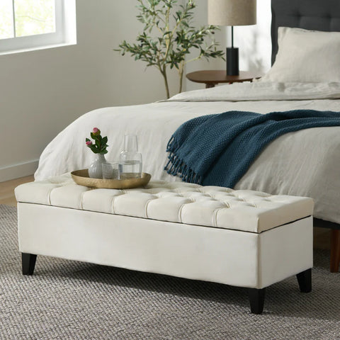 Rectangular Buttoned Storage Bench Footstool - Ivory