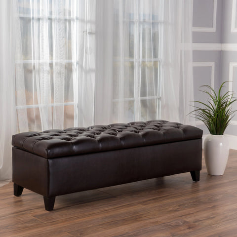 Rectangular Buttoned Storage Bench Footstool - Brown PU