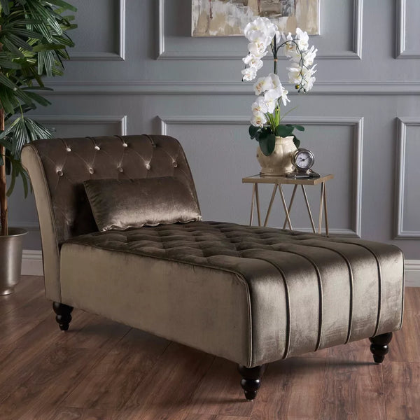 Buttoned Chaise Lounge - Grey Velvet