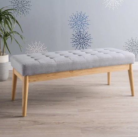 Grey Buttoned Fabric Top & Wood Bench