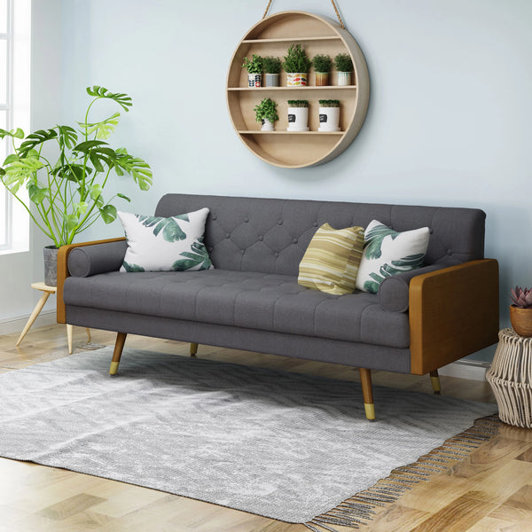 Wood Accent Buttoned Back Sofa - Grey