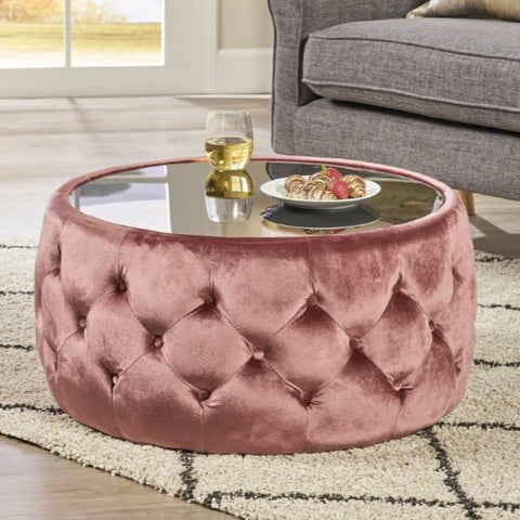 Velvet Coffee Table with Tempered Glass Top - Blush Pink