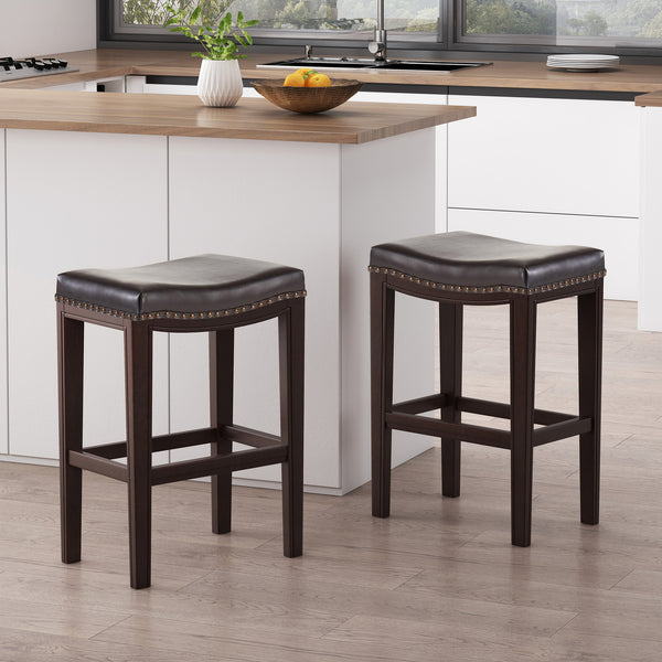 Set of 2 Studded Bar Stool - Brown PU