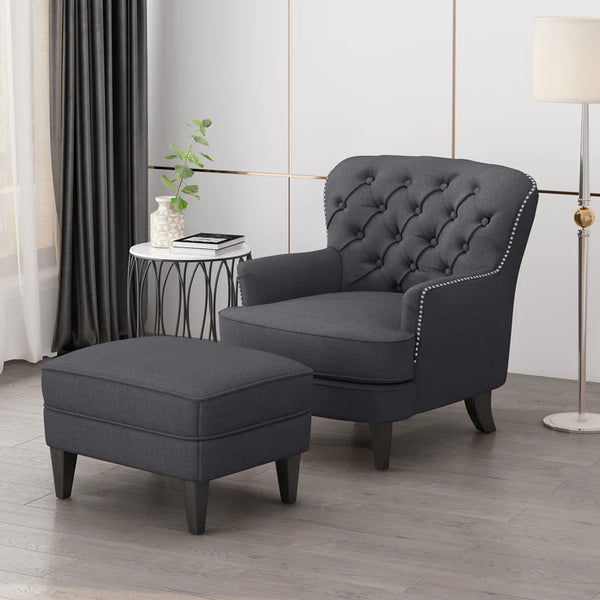 Accent Chair & Footstool Set with Studded Trim - Grey