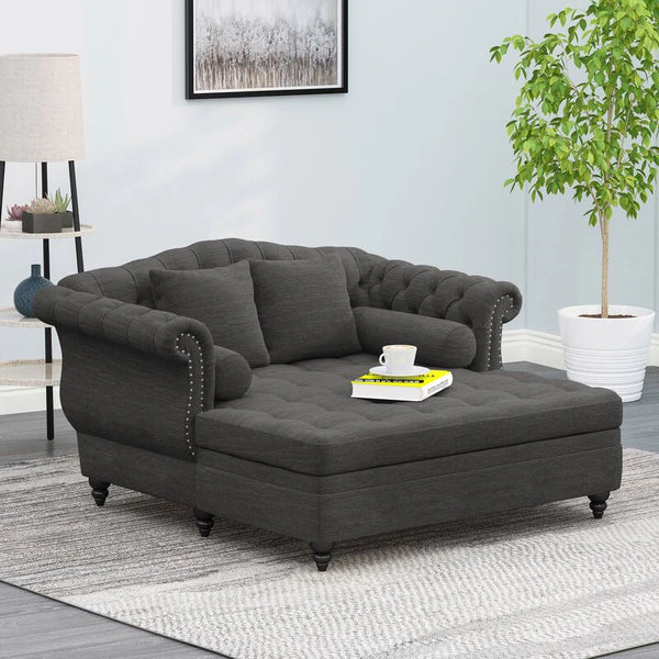 Buttoned Love Seat With Chaise - Charcoal