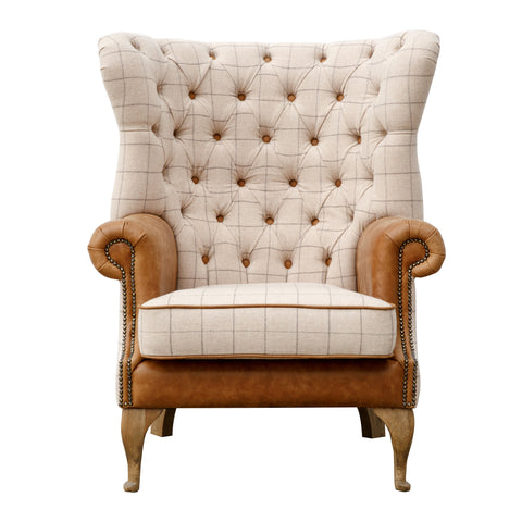 Arnie Fluted Wing Chair in Leather & Wool - Natural