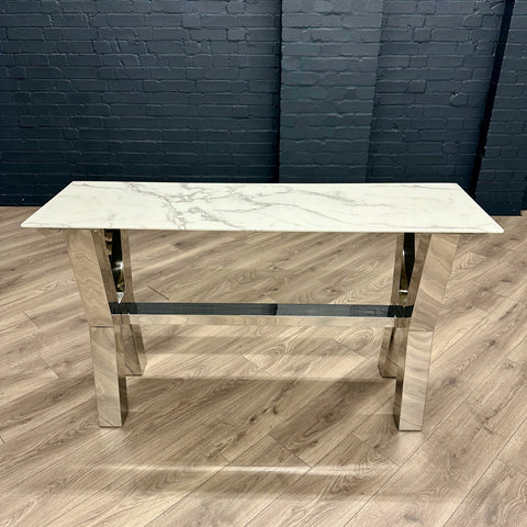 Designer Glass Marble Console Table - Chrome Cross Leg (Showroom Clearance)