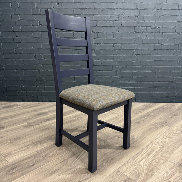 Norfolk Oak & Blue Painted Dining Chair - Slatted Back with Fabric Uist Midnight Seat