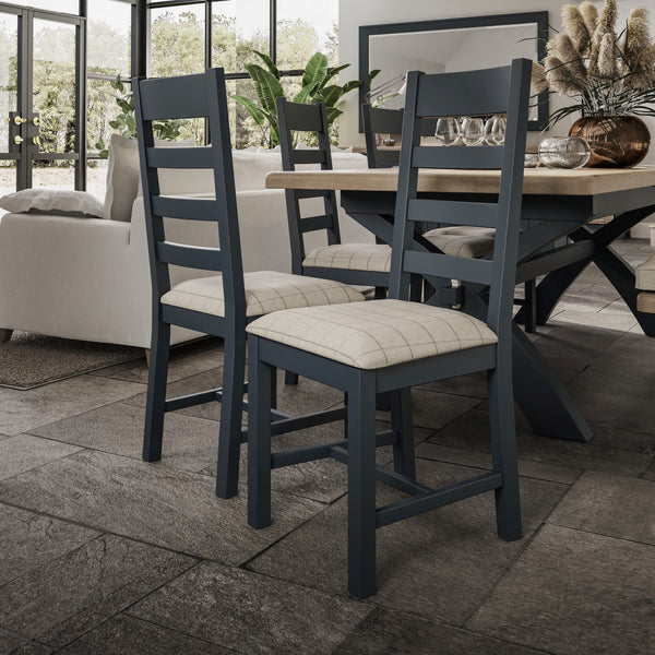 Norfolk Oak & Blue Painted Dining Chair - Ladder Back Grey Check Seat